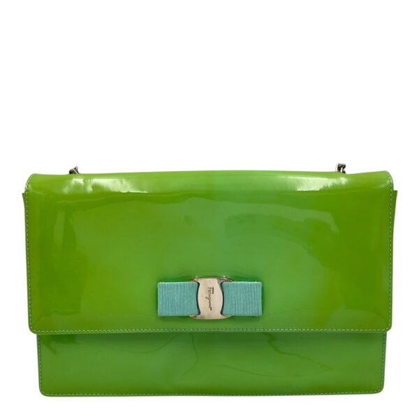 Cara Bow Green Crossbody Bag in Patent Leather, Silver hardware - Image 10