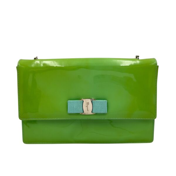 Cara Bow Green Crossbody Bag in Patent Leather, Silver hardware - Image 19