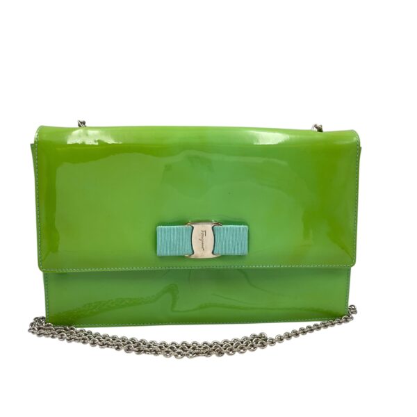 Cara Bow Green Crossbody Bag in Patent Leather, Silver hardware - Image 11