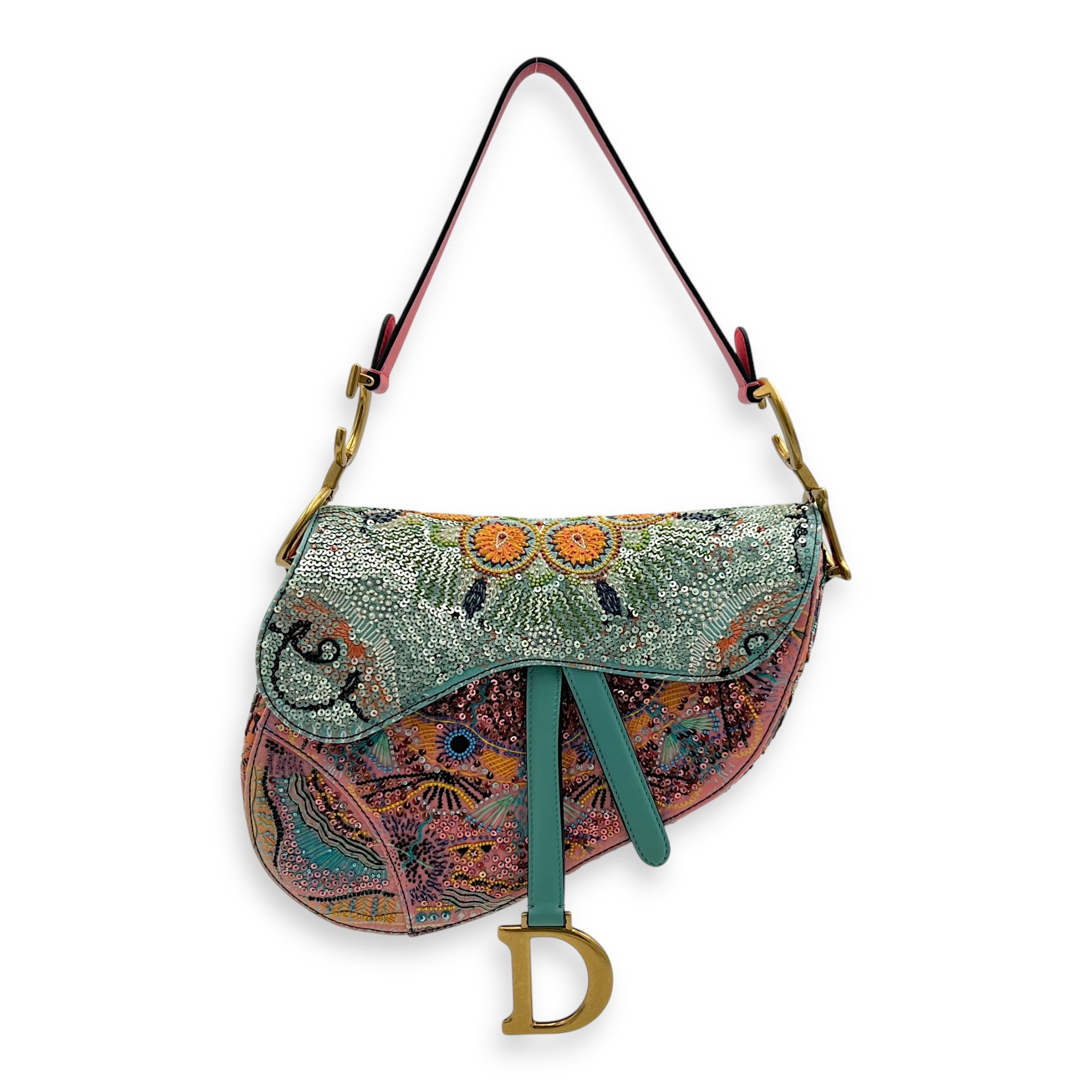 Saddle Shoulder Bag Medium Multi-colour in Beads, Gold hardware