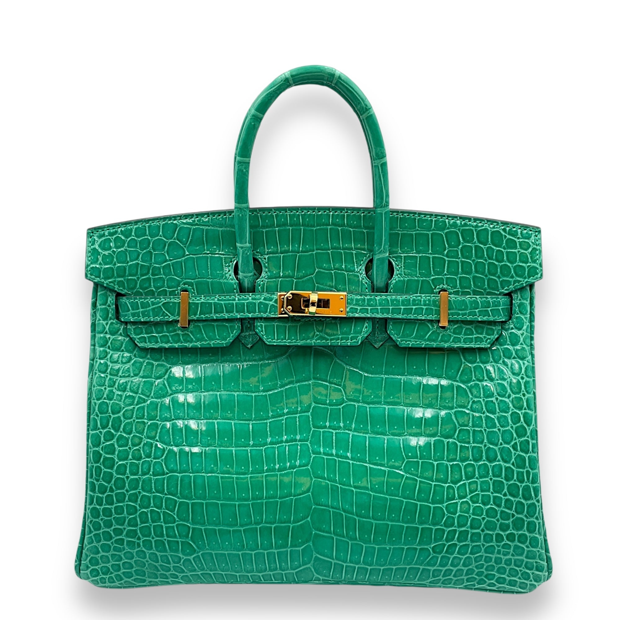 Birkin 25 Vert Jade in Shiny Porosus, Gold hardware