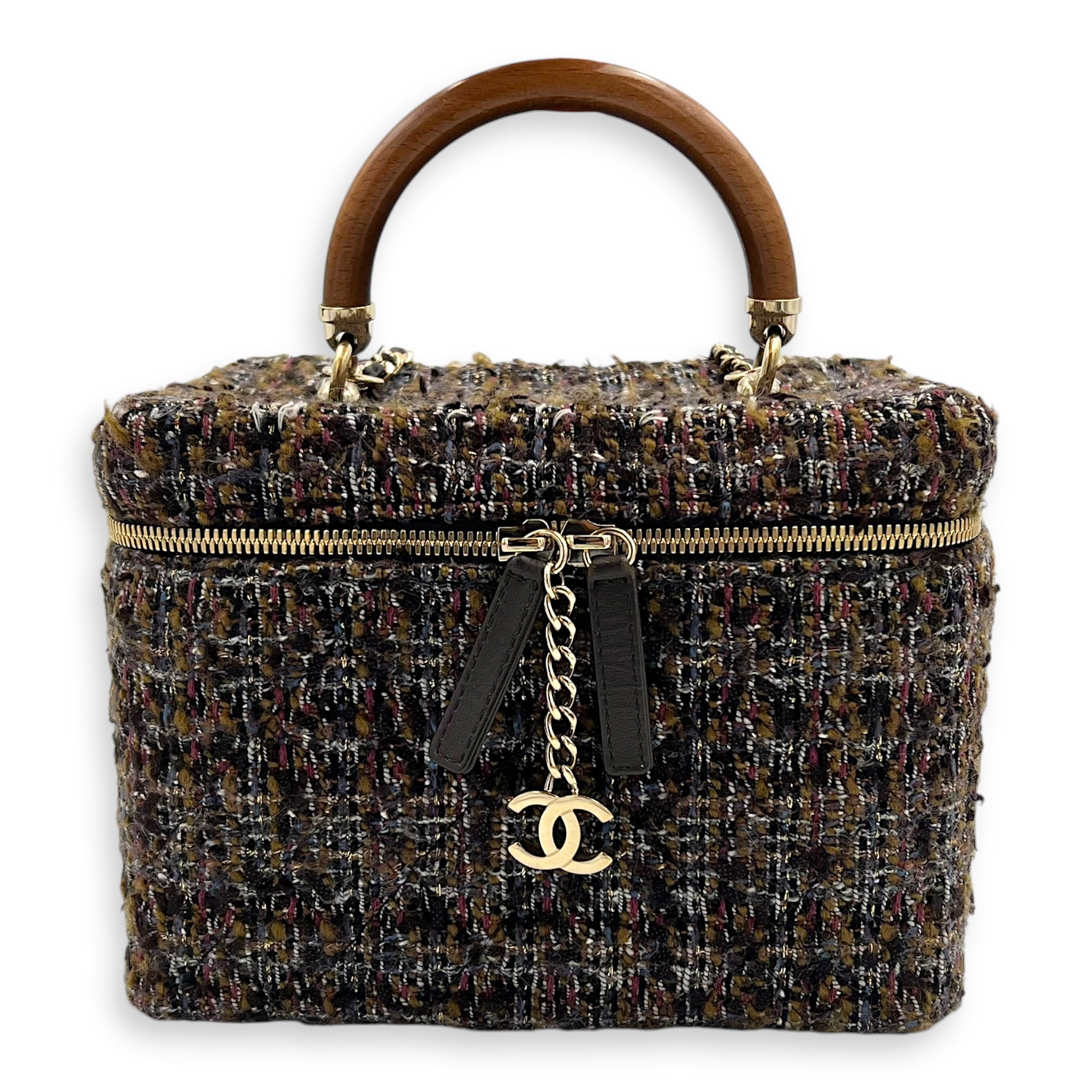 Vanity Case Wood Multi-colour Top Handle Bag in Tweed, Gold hardware