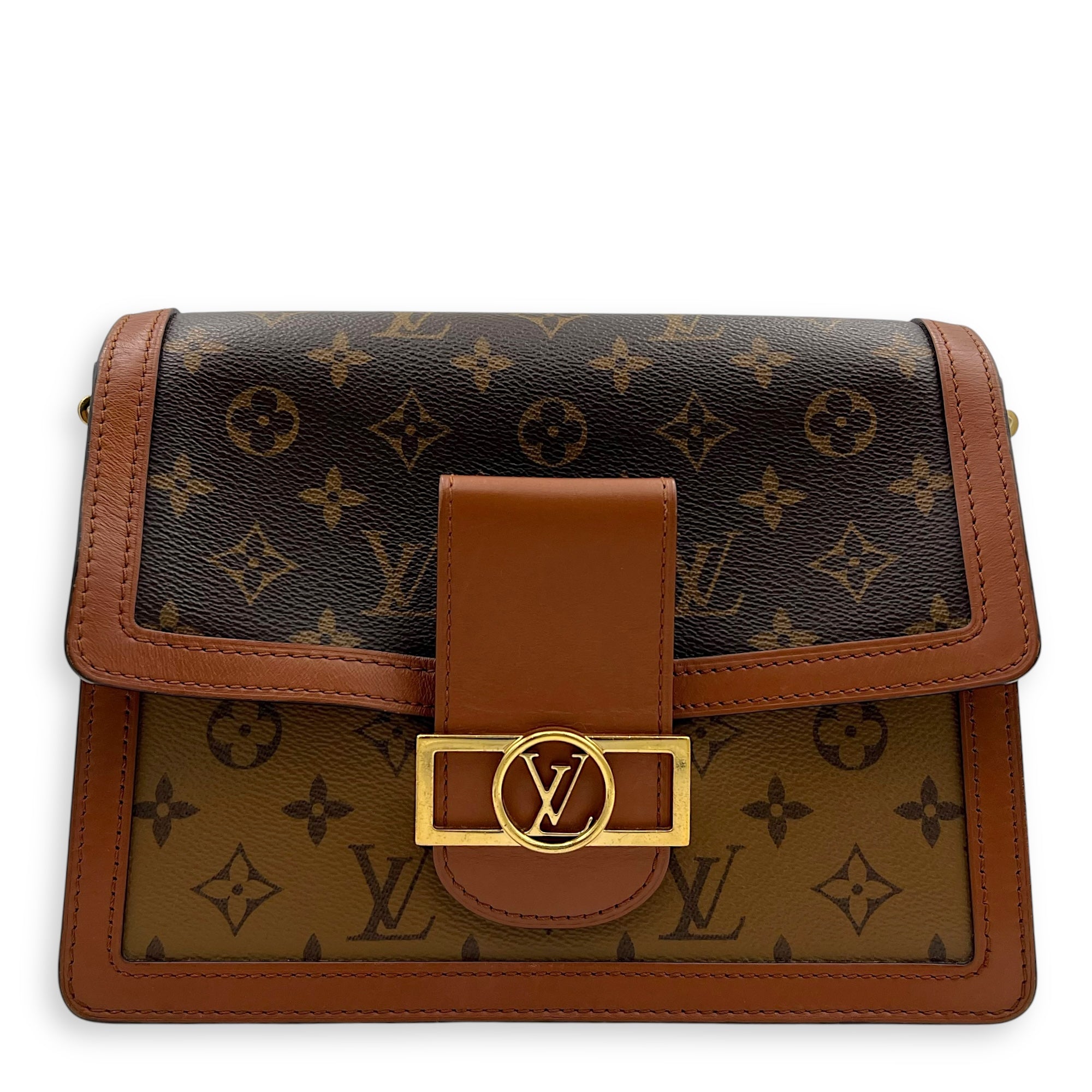 Dauphine MM Brown Shoulder Bag in Monogram Coated Canvas, Gold hardware