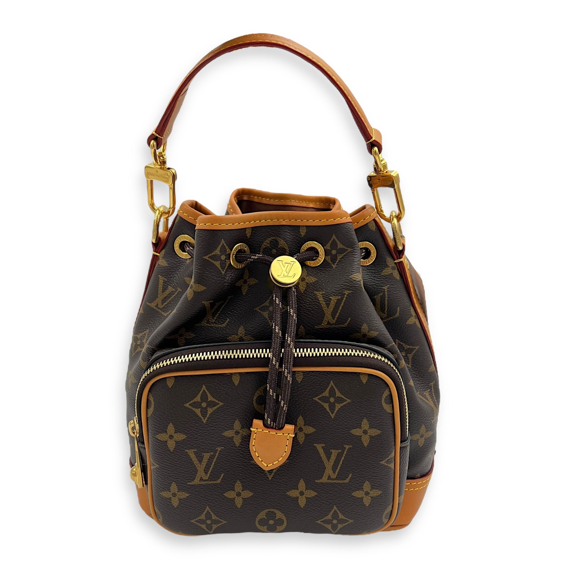 Noe Cargo Crossbody Bag Brown in Monogram Coated Canvas, Gold hardware
