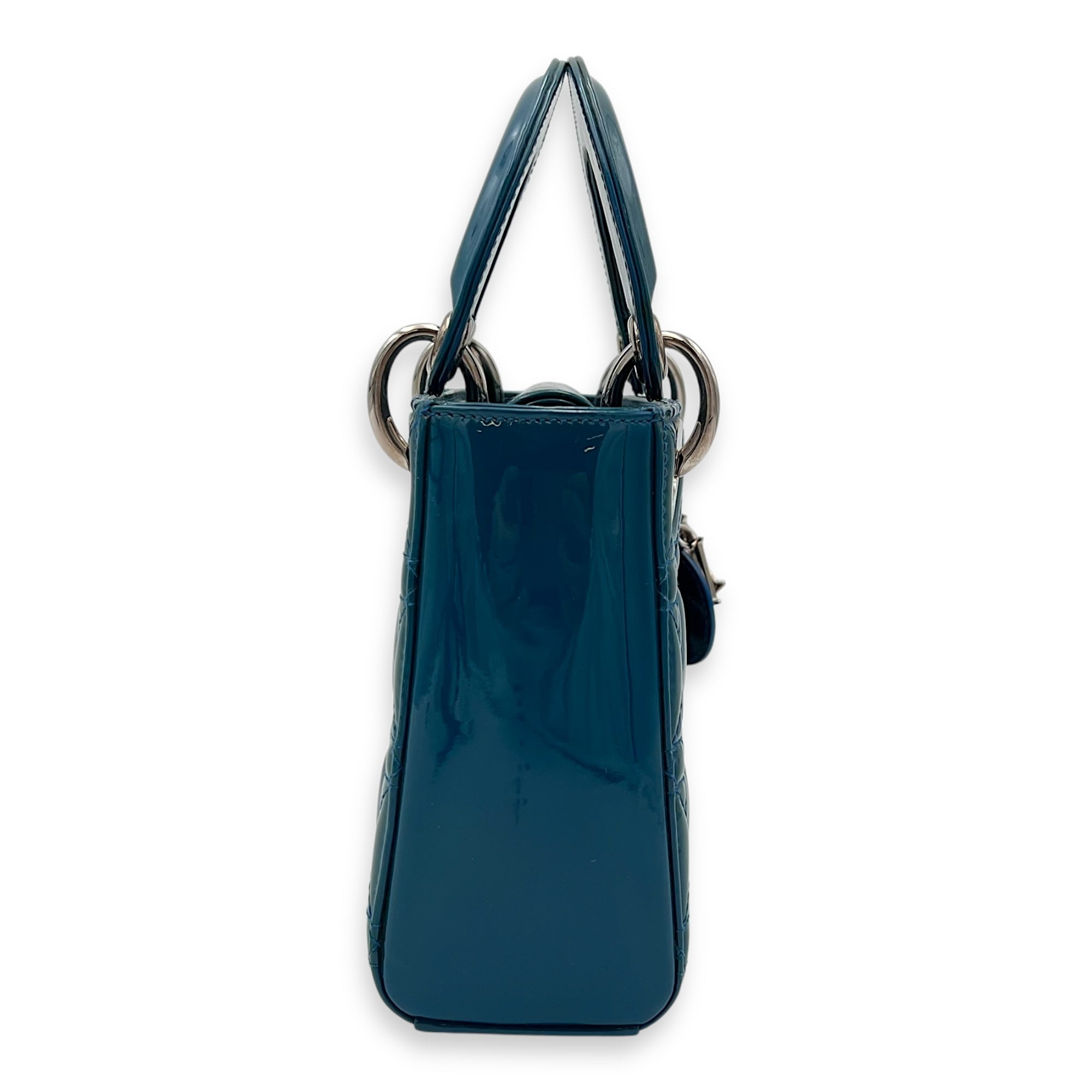 Lady Dior Mini Blue Top Handle Bag in Patent Leather, Silver hardware - Image 4
