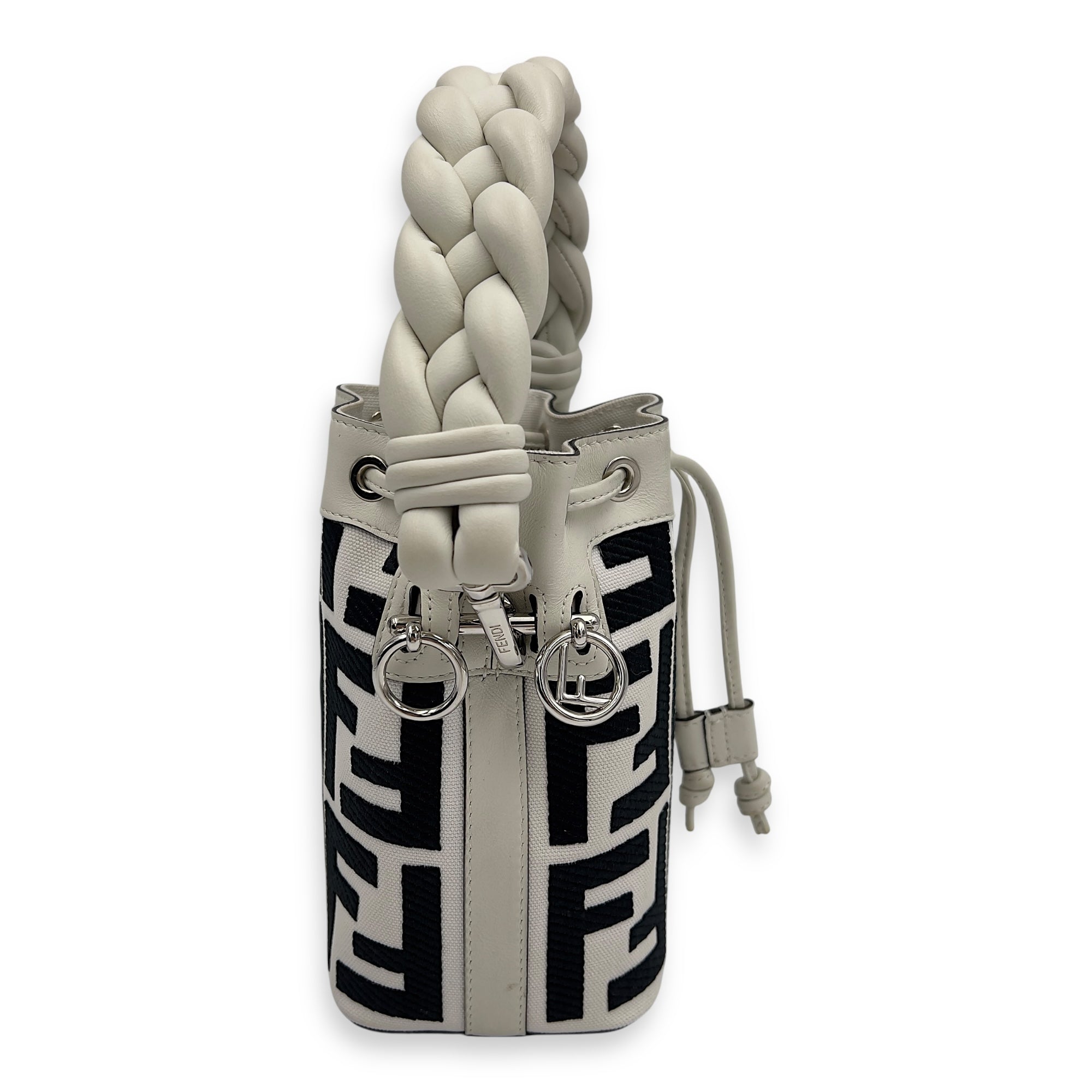 Mon Tresor White Bucket Bag in Canvas, Silver hardware - Image 4
