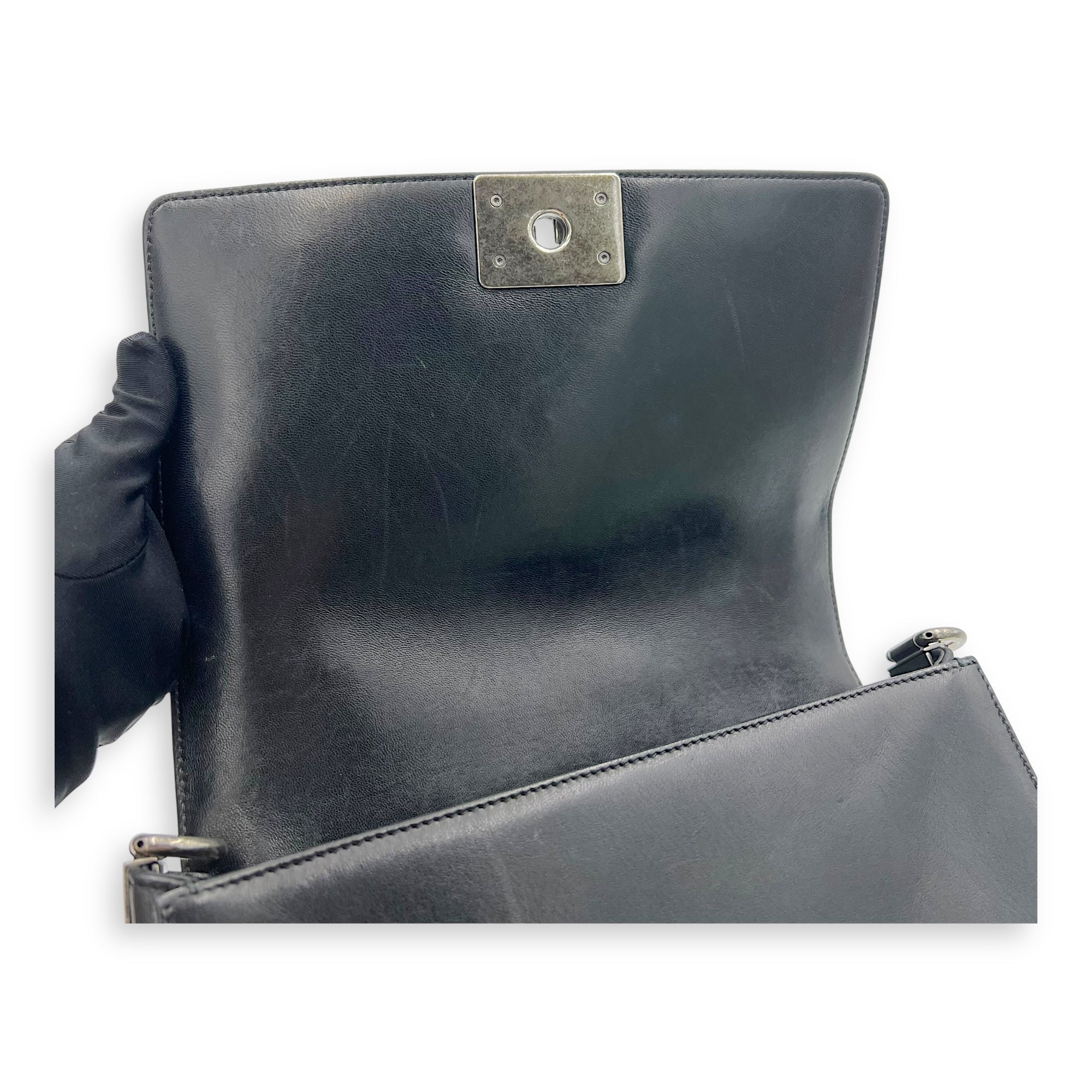 Boy Medium Black Shoulder Bag in Lambskin with Stingray Strap, Ruthenium hardware - Image 10