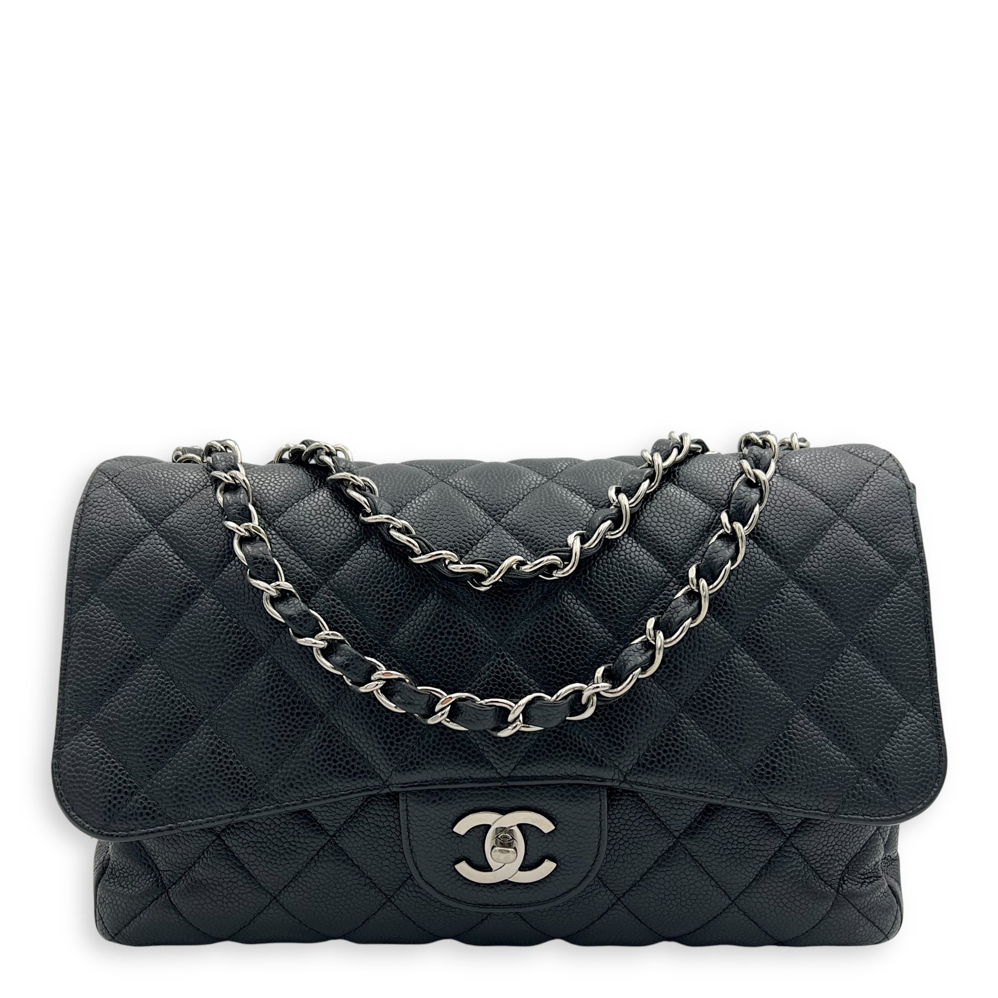 Classic Jumbo Black Shoulder Bag in Caviar Leather, Silver hardware