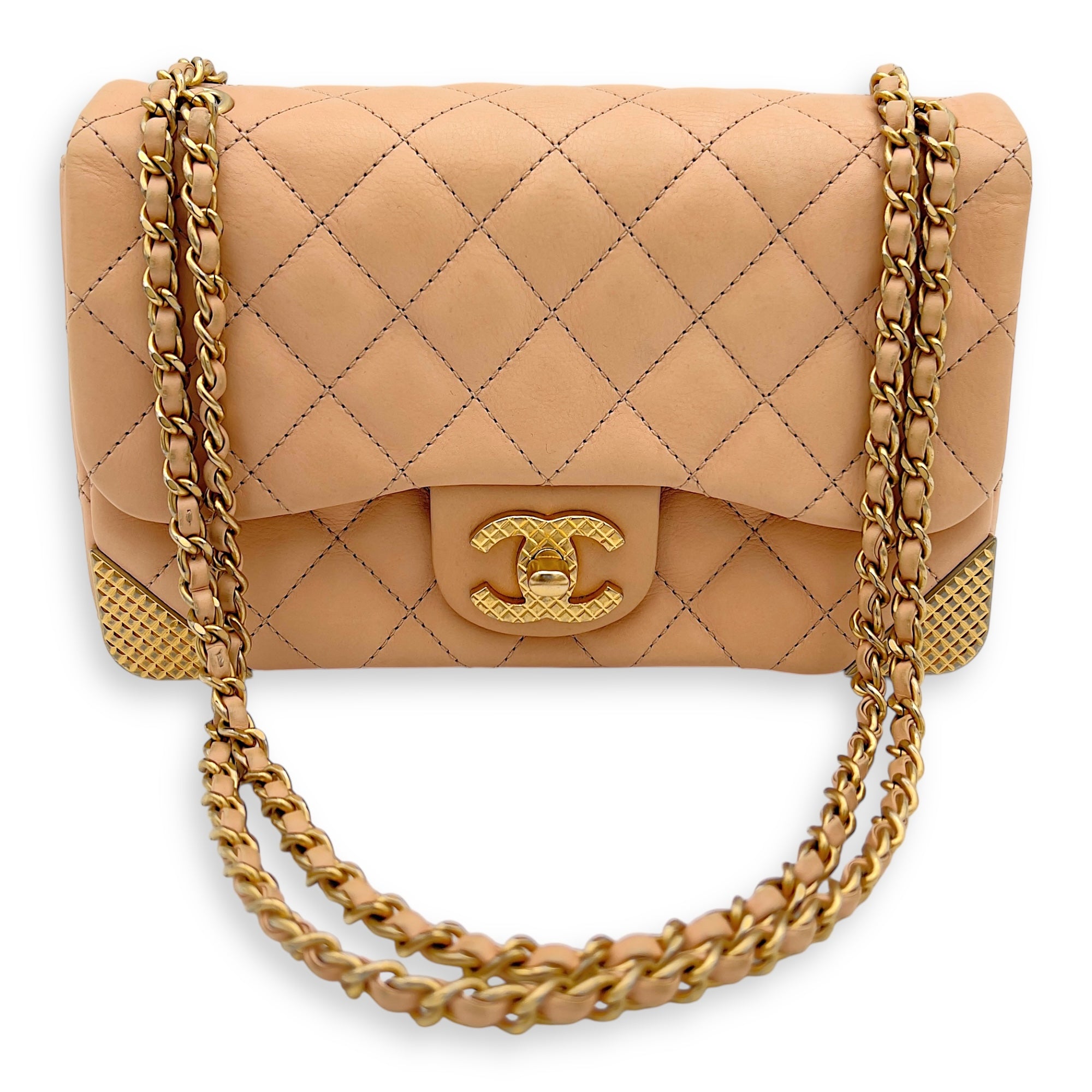 Mini Rectangle Shoulder Bag Beige in Lambskin, Gold hardware - Image 11