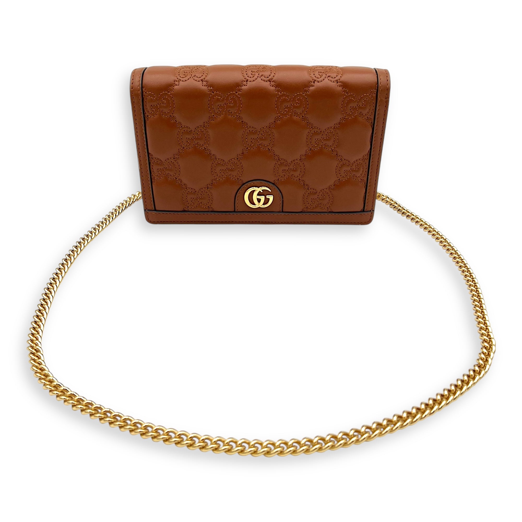 Matelassé Wallet On Chain Brown in Calfskin, Gold hardware - Image 13