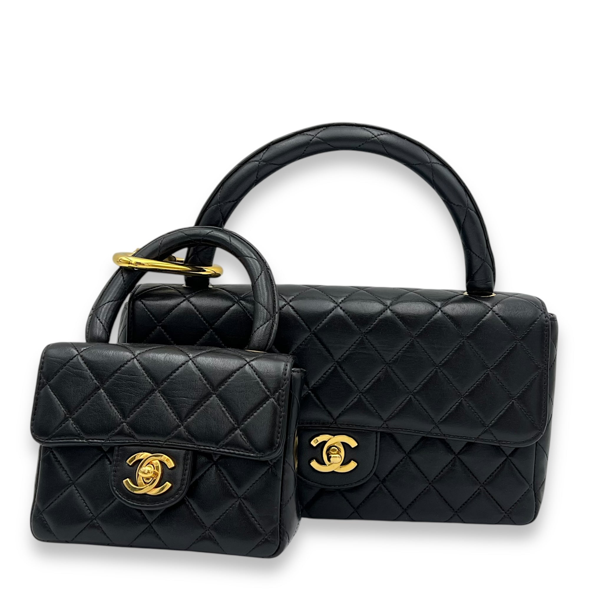 Kelly Parent and Child Black Top Handle Bag in Lambskin, Gold hardware
