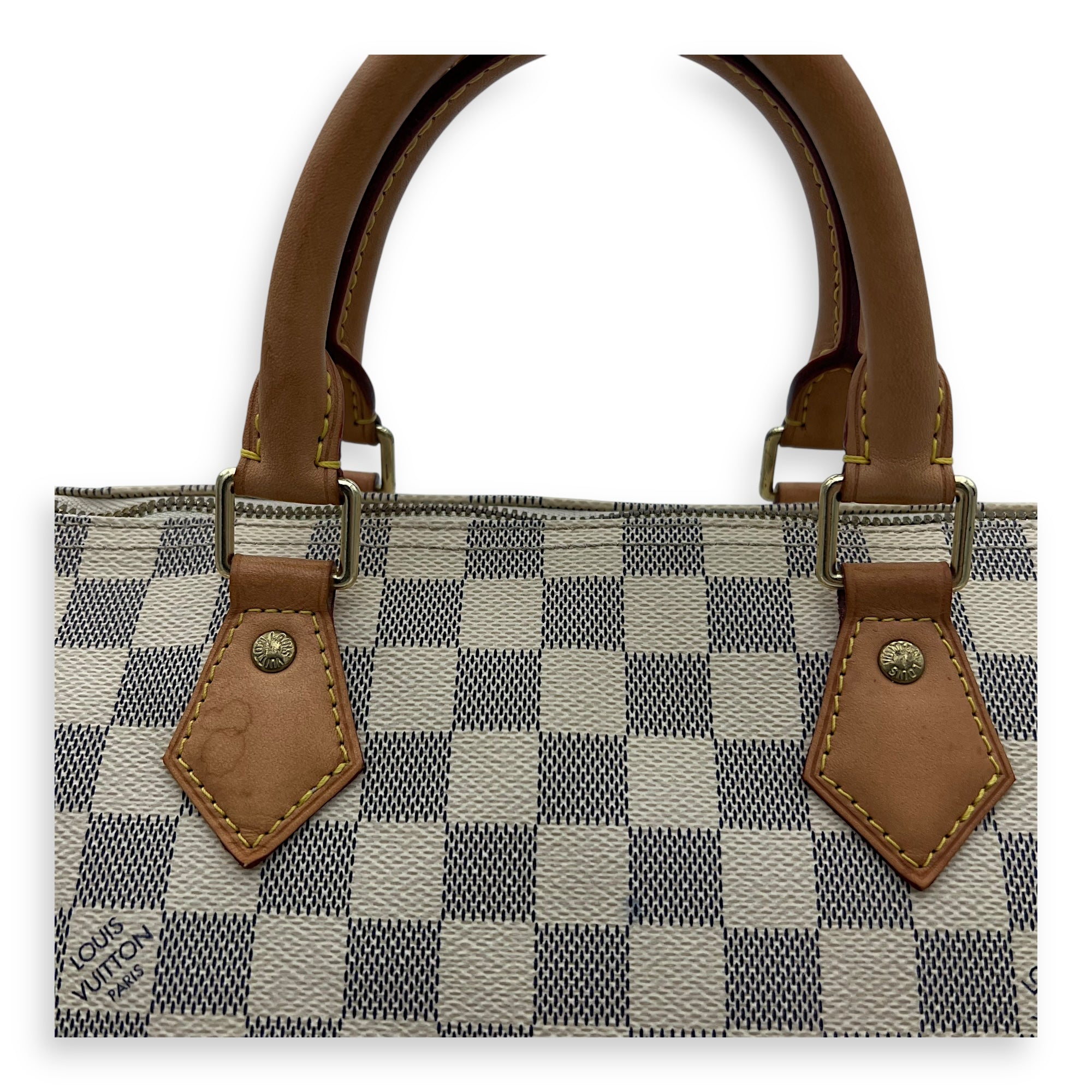 Speedy Bandouliere 30 Damier Azur Top Handle Bag in Coated Canvas, Gold hardware - Image 8