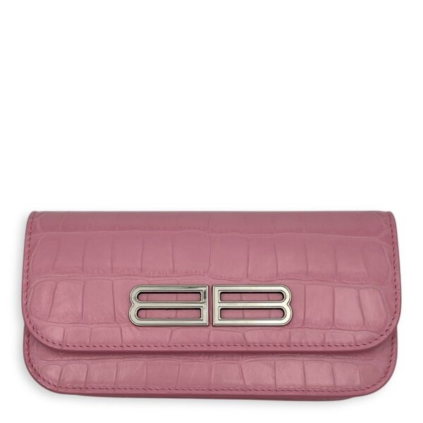 Gossip Wallet On Chain Pink in Crocodile Embossed Calfskin, Silver hardware
