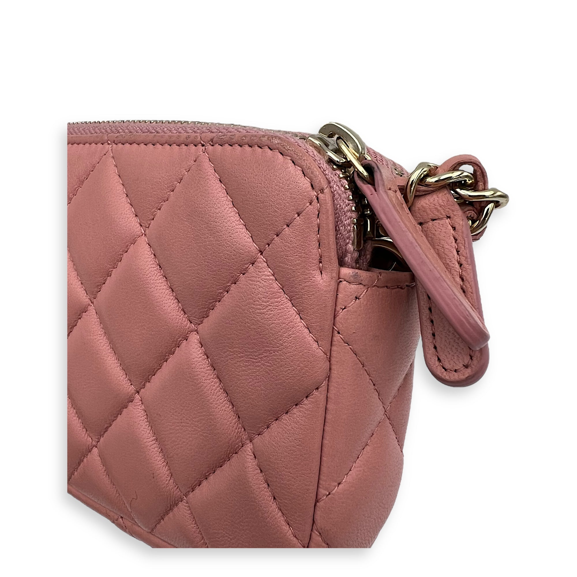 Double Zipped Pink Clutch with Chain in Lambskin, Gold hardware - Image 9