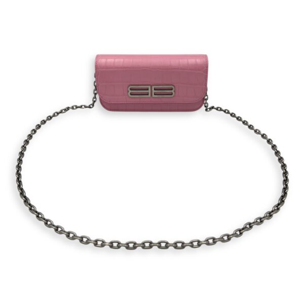Gossip Wallet On Chain Pink in Crocodile Embossed Calfskin, Silver hardware - Image 12