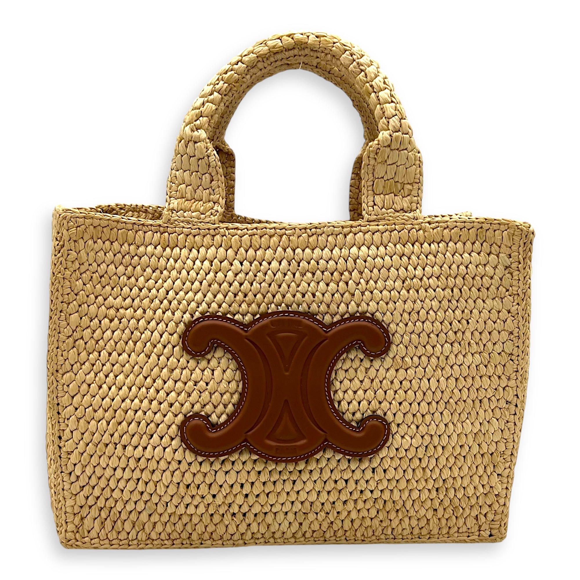Triomphe Tote Bag Brown in Raffia, Gold hardware