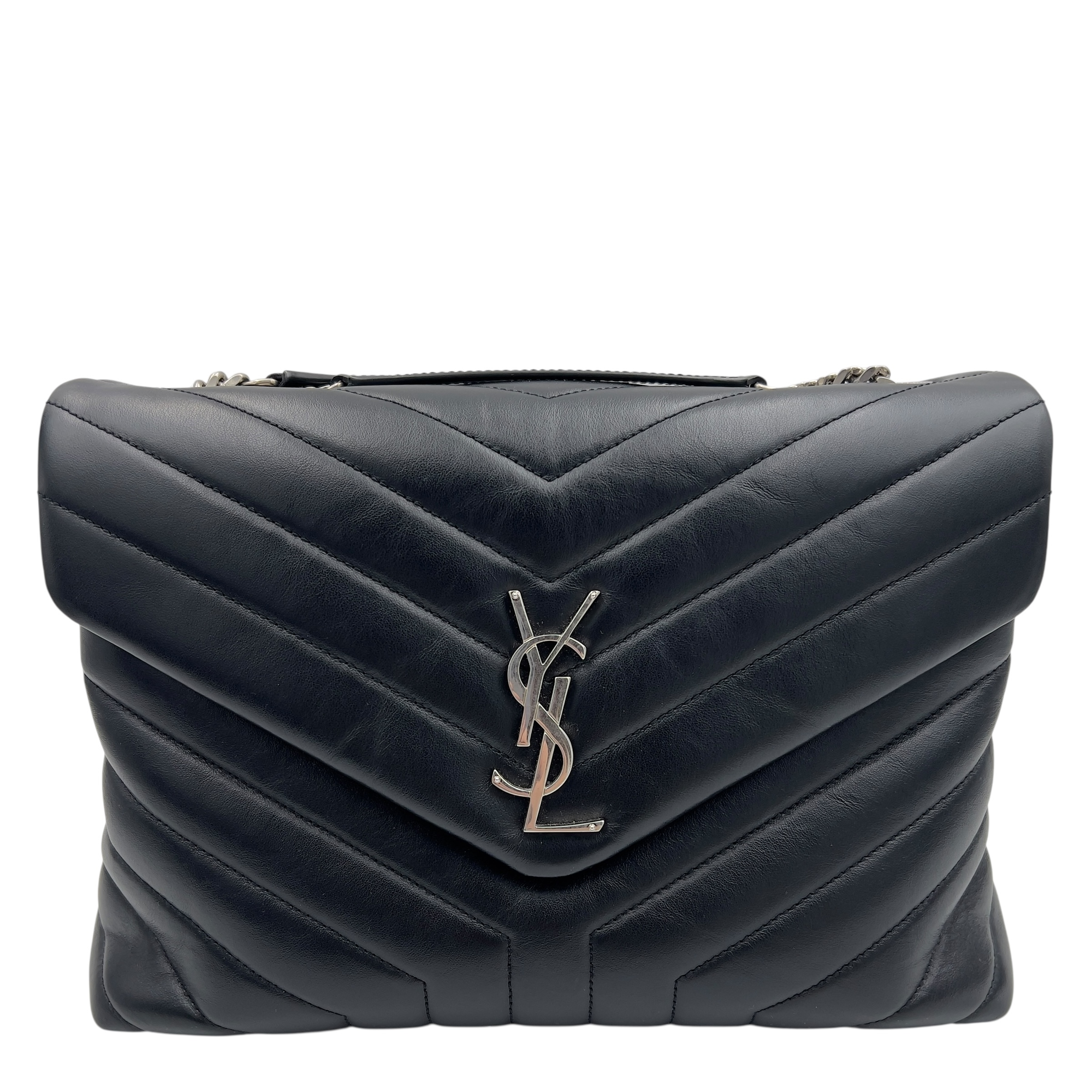 Loulou Shoulder Bag Medium Black in Calfskin, Silver hardware